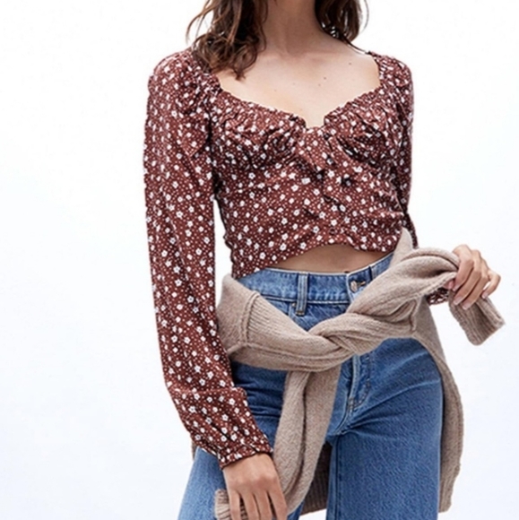 L.A Hearts Pacsun Brown Floral Long Sleeve Crop Top - Picture 1 of 13